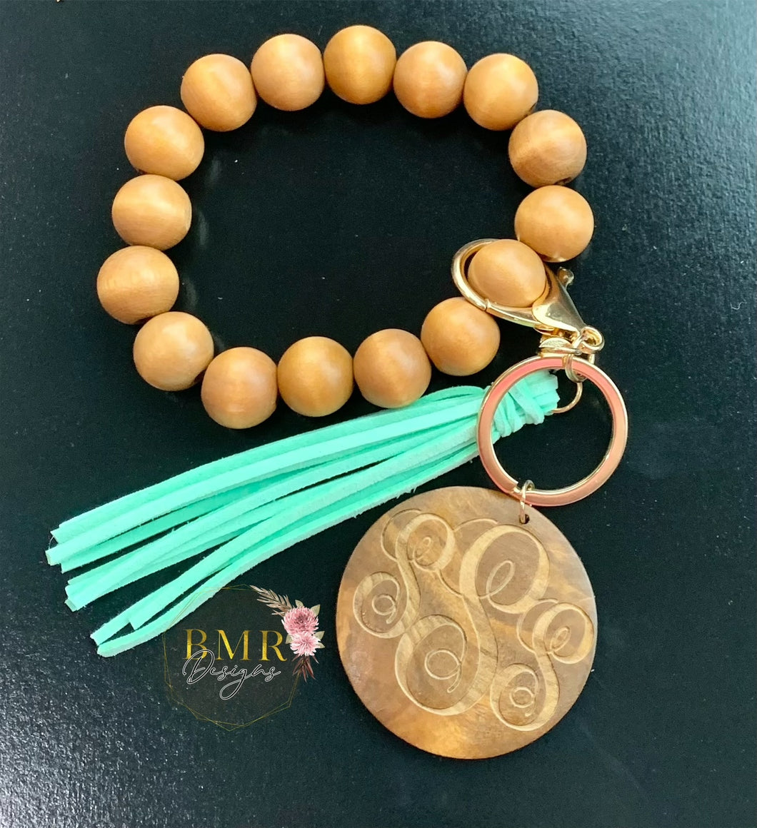 Monogrammed Wooden Bead Keychain Bracelet