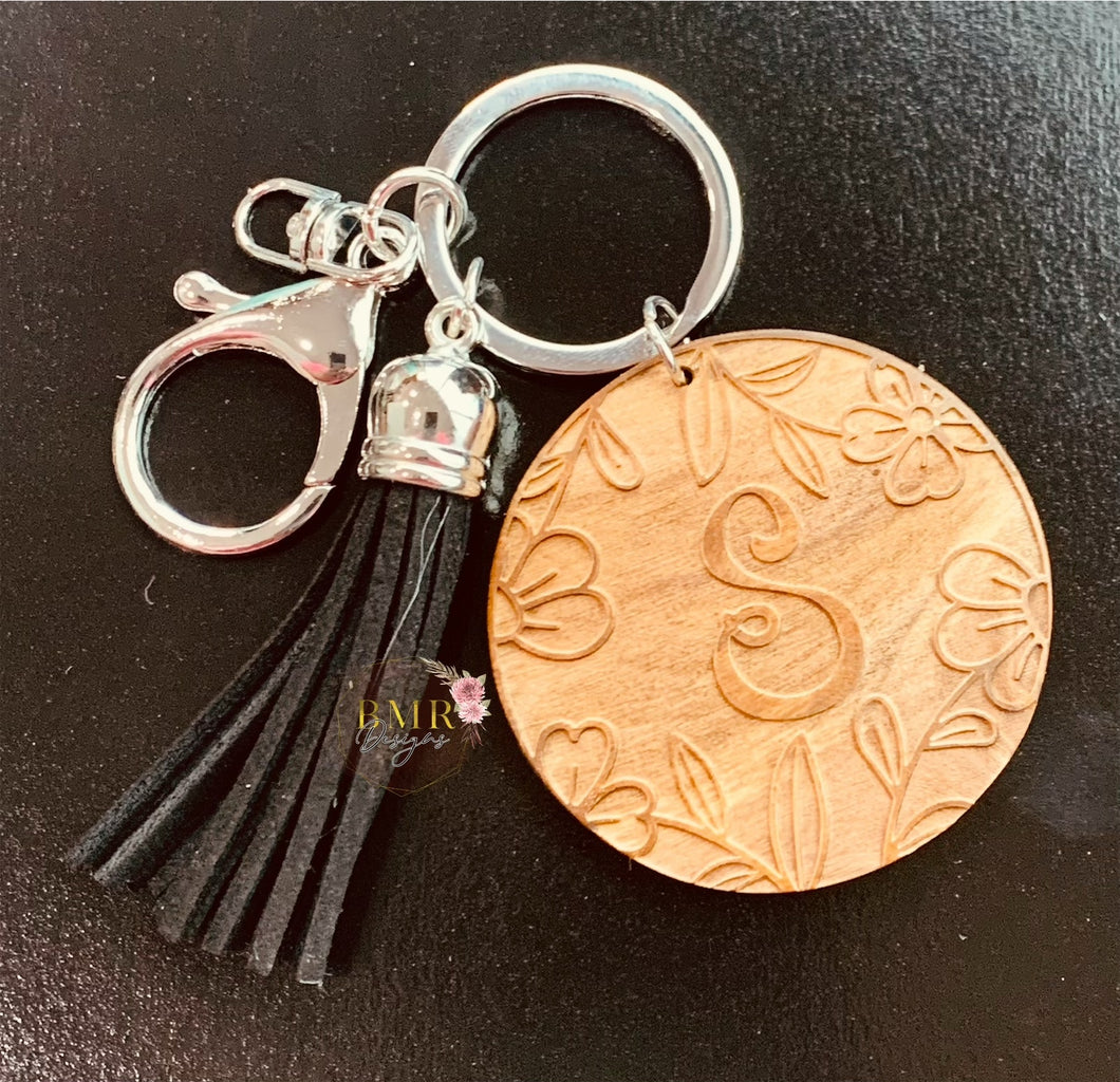 Engraved Wood Disc Keychain with Tassel